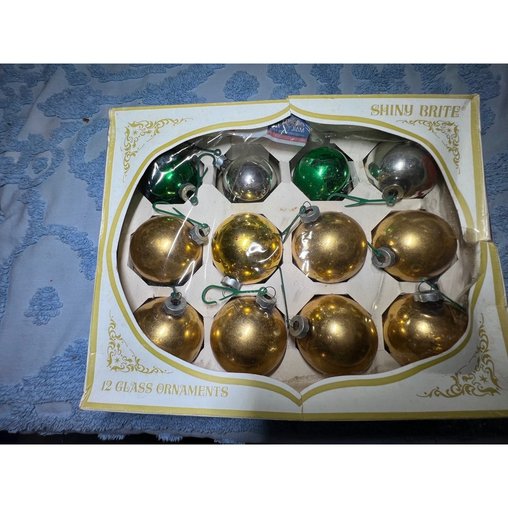 Vintage Shiny Brite Glass Christmas Ornaments Set of 12 Gold Green Silver Boxed